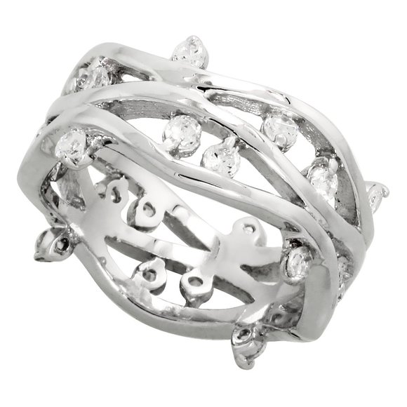 Jewelry - Sterling Silver Vine Pattern Cubic Zirconia Ring with High Quality Wedding Band